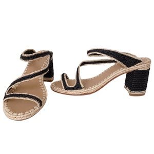 NIB NEW Carrie Forbes Salah Raffia Block Heel Mule Sandals Black/Natural Trim
